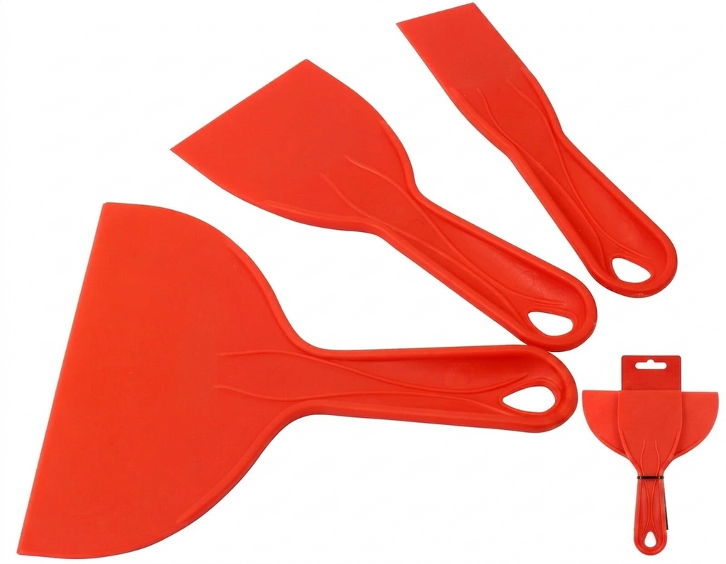 3pc Flexible Putty Plastic Scraper Set - Red Plastic Paint Scraper for Drywall Spackle Repair & Cleaning